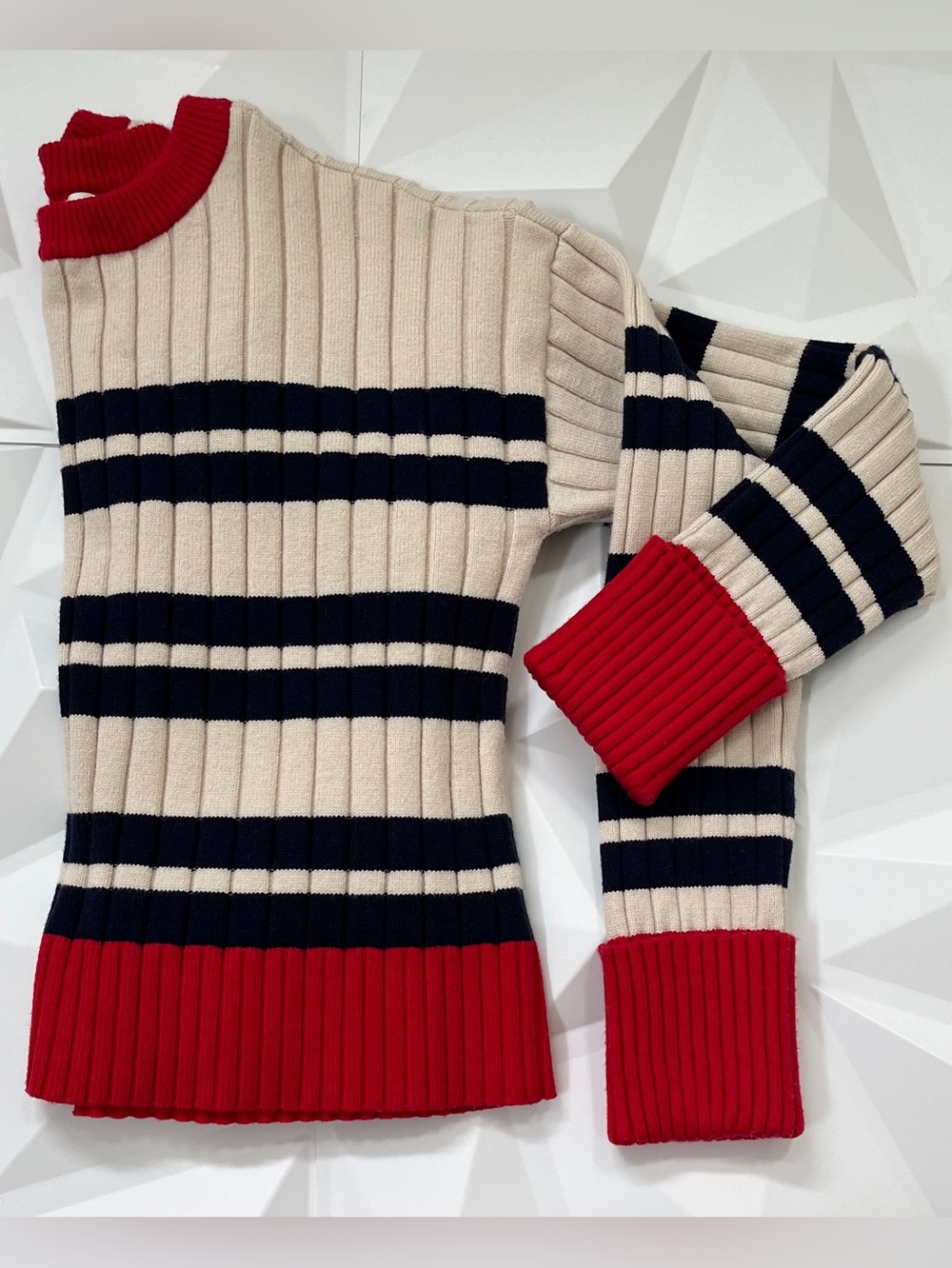 Maeve by Anthropologie Rib Crew Compact Pullover Sweater Cream & Navy Striped - Picture 10 of 16